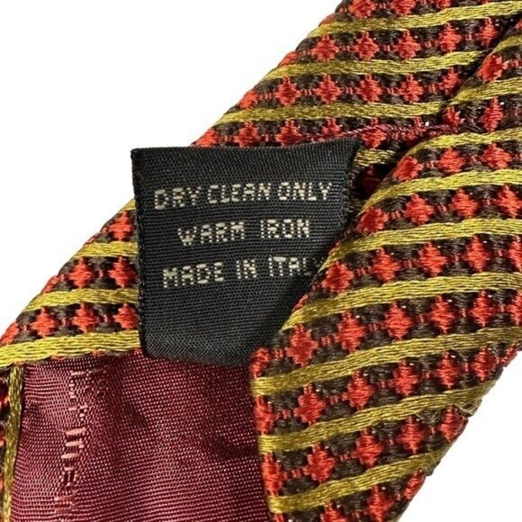 Ermenegildo Zegna Italian Silk Neck Tie Checkered Stripe Print 58" Long Red Gold - Picture 8 of 9